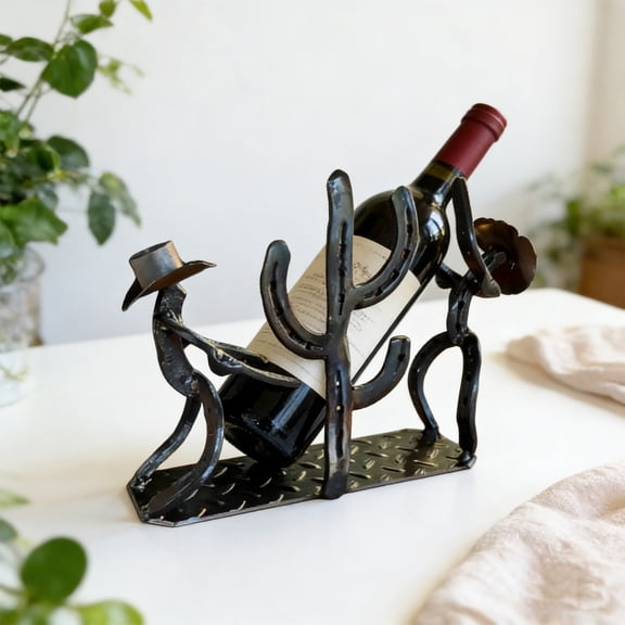 Western Cowboy & Cactus Wine Bottle Holder, Rustic Tabletop Wine Rack with Glass Holder, 2-in-1 Metal Bottle Stand for Home Bar, Dining Table, Patio Decor