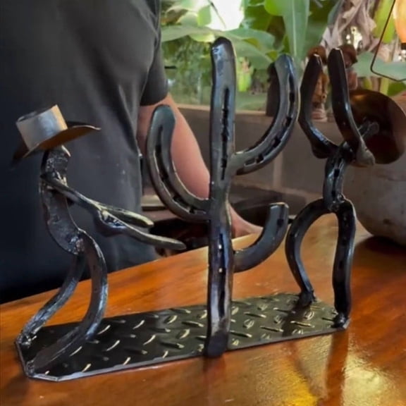 Western Cowboy and Cactus Wine Rack Vintage Metal Bottle Holder Tabletop Wine Display Stand Sturdy Counter Bar Decor Western Theme Centerpiece Gift for Wine Lovers and Home Bars