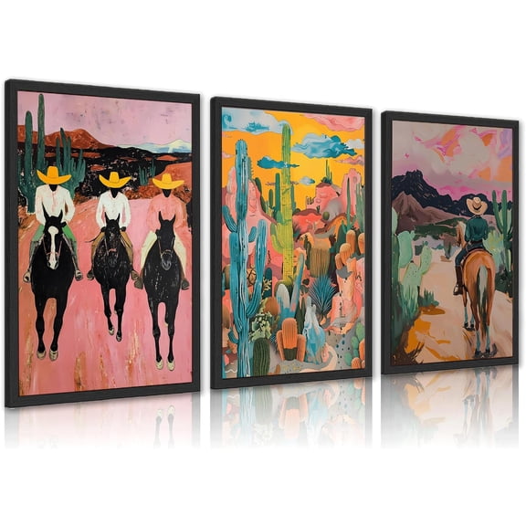 Western Cowboy Canvas Wall Art Abstract Cowboy Desert Cactus Posters Prints Paintings Vintage Wild Southwest Pictures Wall Decor for Living Room Bedroom Home Decoration