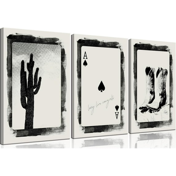 Western Cowboy Canvas Wall Art Aesthetic Black and White Cactus Cowboy boots Painting Picture Wall Decor Vintage Southwestern Desert Poster Print Artwork for Living Room Bedroom(Only canvas)