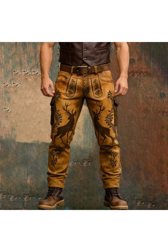 Western Cowboy Cargo Pants for Men Retro Outdoor Casual Work Long Trousers Spring Fall Brown L