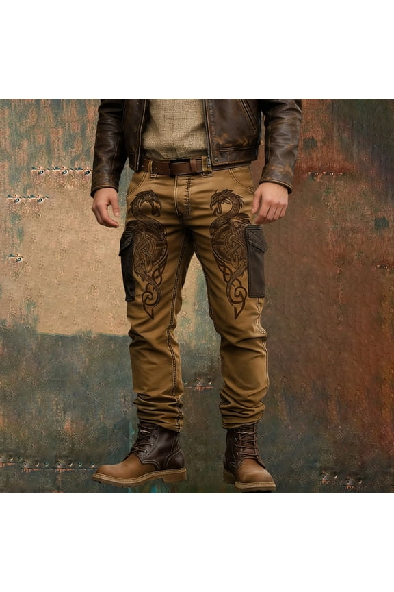 Western Cowboy Cargo Pants for Men Retro Punk Style Outdoor Casual Work Long Trousers Spring Coffee XL