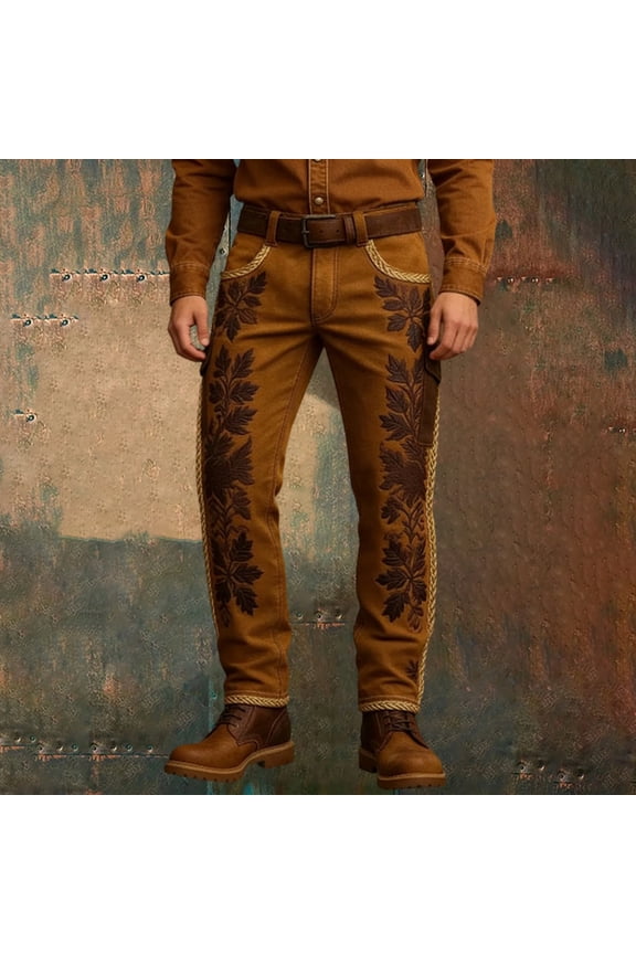 Western Cowboy Cargo Pants for Men Vintage Punk Style Outdoor Casual Work Long Trousers Spring Coffee M