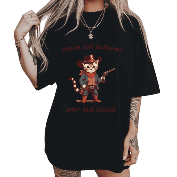 Western Cowboy Cat Meme Print Tshirt Black S-5XL Funny Graphic For Cat Lovers Graphic Tees Shirts Tops