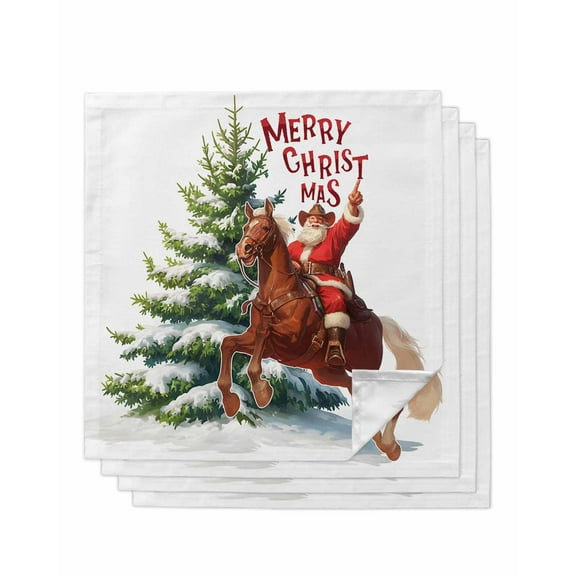 Western Cowboy Christmas Cloth Napkins Set of 4, Santa Xmas Tree Snowflake Washable Reusable Dinner Cocktail Napkin for Kitchen Party Wedding Banquet Holiday Baby Shower Table Decor