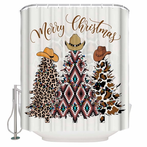 Western Cowboy Christmas Shower Curtains for Bathroom Waterproof Fabric Bath Curtains Decor Bath Tub Curtain Leopard Brown Xmas Tree Decorative Shower Curtain Sets with 12 Hooks, 72x72 Inch