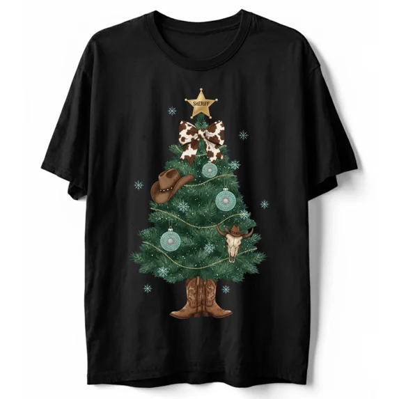 Western Cowboy Christmas Tree Cow Print Sheriff Rodeo Xmas Gift Unisex T-Shirt, up to Size 5XL