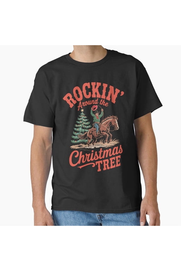 Western Cowboy Christmas Tree Funny Holiday Graphic Gift Design Unisex T-Shirt, for men & women, up to size 5XL