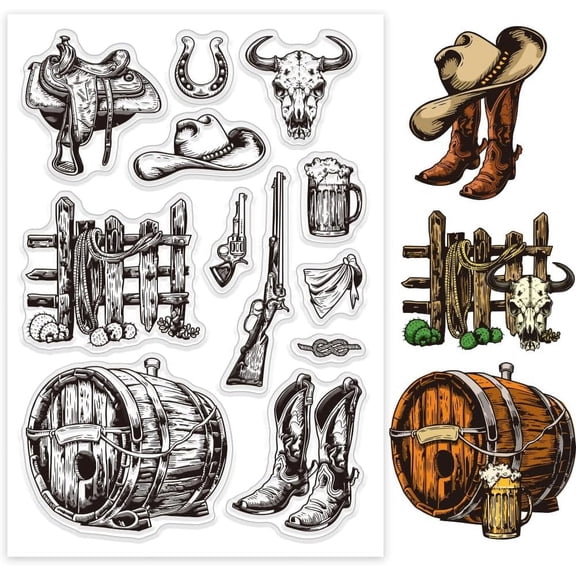 Western Cowboy Clear Stamps for Cards Making Boots Beer Silicone Stamp Seals Transparent Stamps for DIY Scrapbooking Photo Album Journal Home Decoration