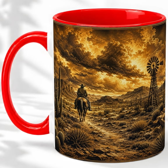 Western Cowboy Coffee Mug, Desert Trail Windmill Art, Rustic Daily Tea Sips