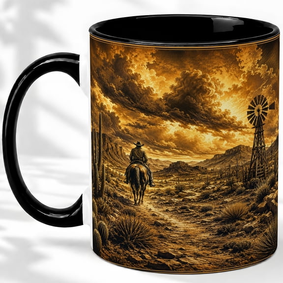 Western Cowboy Coffee Mug, Desert Trail Windmill Art, Rustic Daily Tea Sips