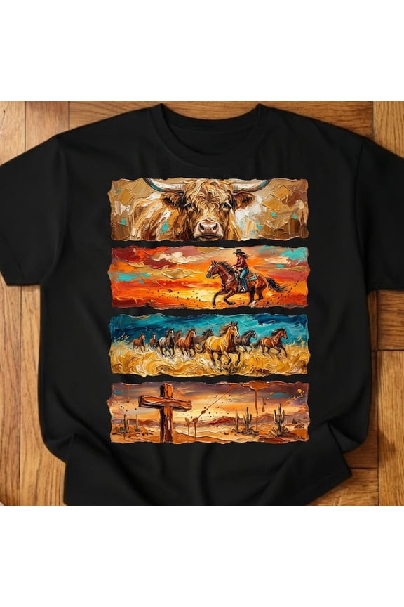 Western Cowboy Collage Shirt, Longhorn Horse Desert Sunset Graphic Tee, Vintage Rodeo Country Art Design Comfort Colors Unisex Cotton T-Shirt, Size S-3XL