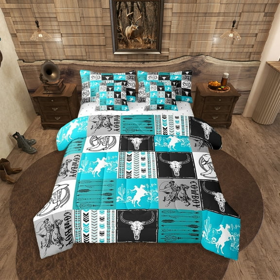 Western Cowboy Comforter Set 7 Pieces,Bull Skull Horses Arrow Print Bedding King,Blue Grey Lattice Patchwork Bed Set with 1 Comforter,1 Fitted Sheet,1 Flat Sheet,2 Pillowcases,2 Throw Pillow Cover