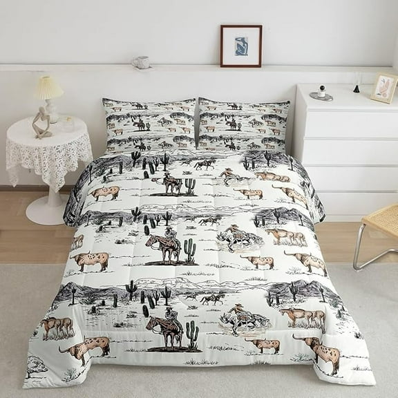 Western Cowboy Comforter Set King Size,Vintage Southwest Style Quilt Set Desert Cactus Cow Horse Animals Bedding Set Adult Room Decor,Grey Brown White Duvet Insert