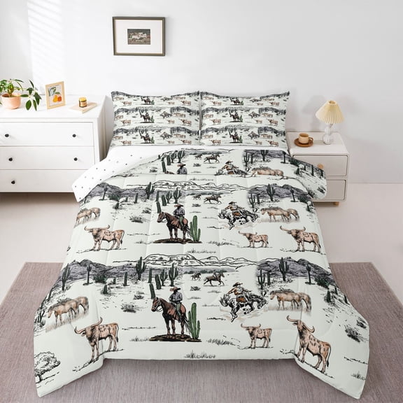 Western Cowboy Comforter Set Queen Size,Vintage Southwest Style Quilt Set Desert Cactus Cow Horse Animals Bedding Set Adult Room Decor,Grey Brown White Duvet Insert