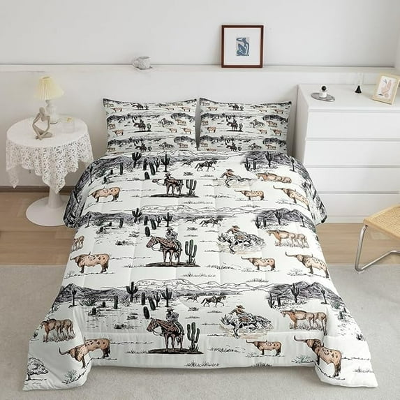 Western Cowboy Comforter Set Twin Size,Vintage Southwest Style Quilt Set Desert Cactus Cow Horse Animals Bedding Set for Kids Boys Girls Adult Room Decor,Grey Brown White Duvet Insert