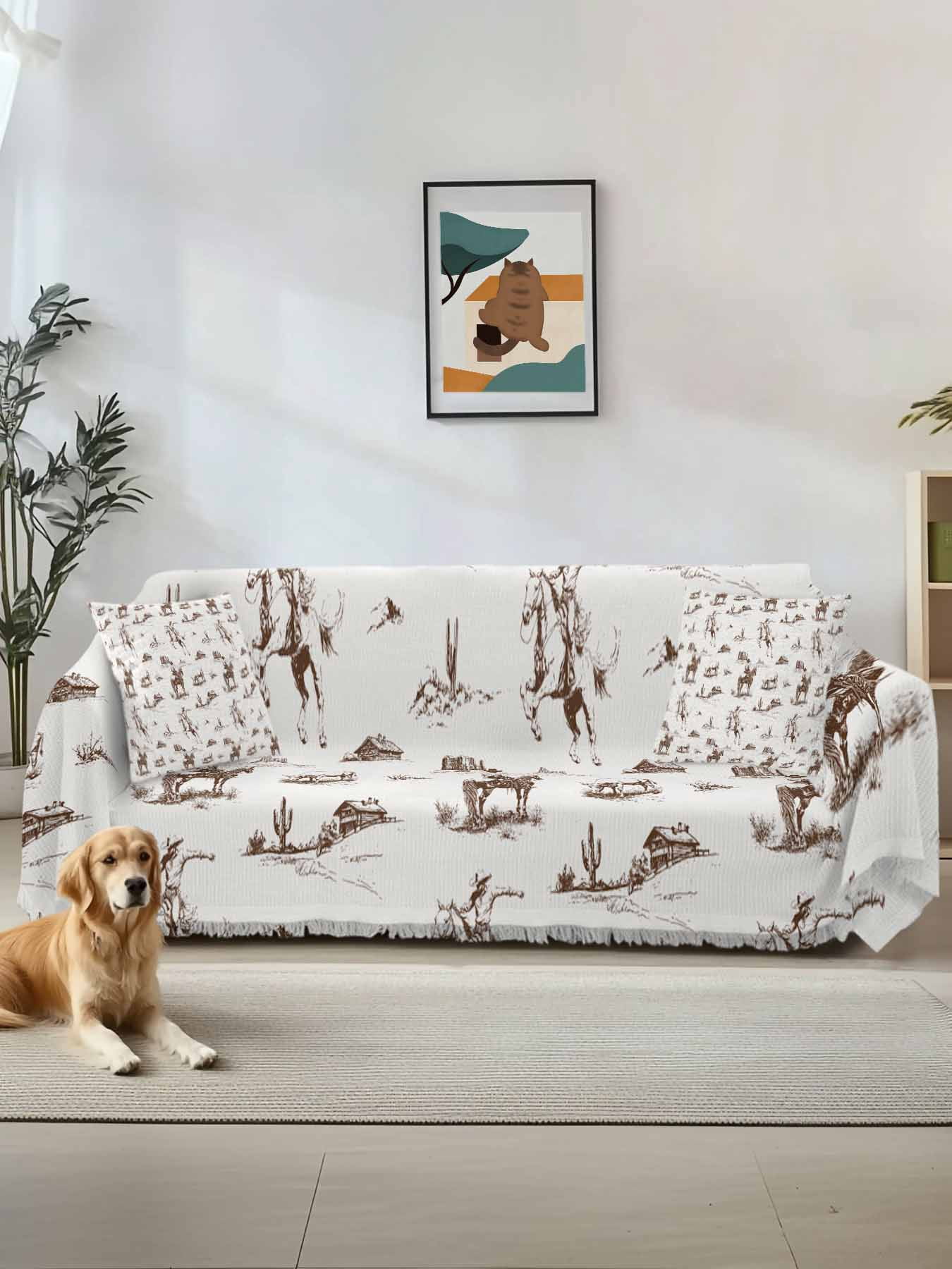 Western Cowboy Couch Cover for Dogs, Retro Desert Cactus Country Cowboy Brown Washable Sofa Covers Slipcover for Pets Dogs Futon Cover, Couch Recliner Covers, Oversized Chair Slipcover 71"x91"