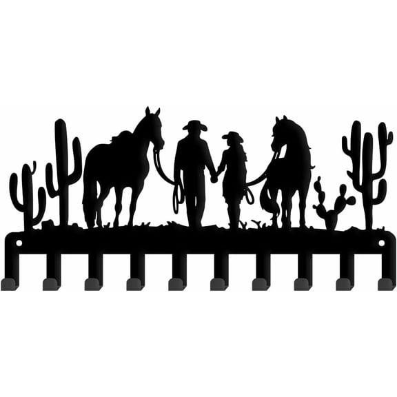Western Cowboy Couple Metal Key Hook Cowboy Cactus Decorative 10 Hooks Black Key Hanger Organizer Wall Hanging Hooks Personalized Holder Rack Dog Leash Hanger