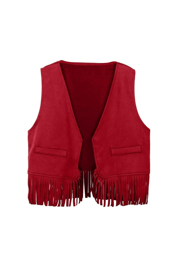 Western Cowboy Cow Girl's Western-Style Vest for Boys and Girls, Embellished with Tassel Fringe, Brown Suede-Like Top Party
