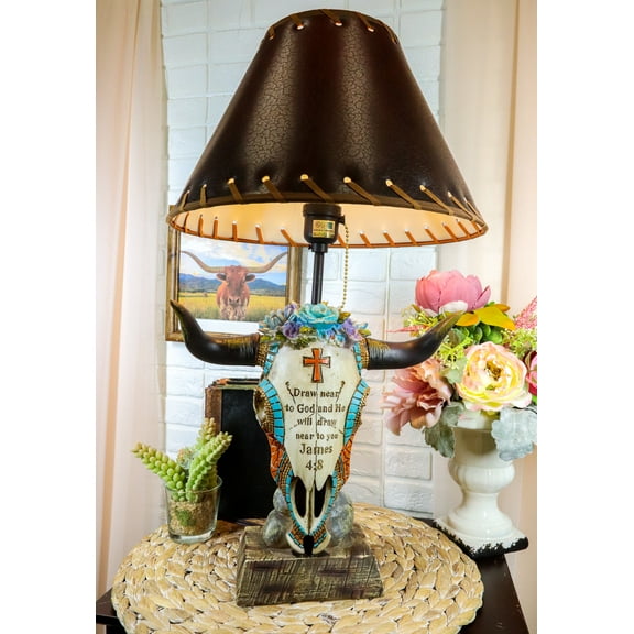 Western Cowboy Cow Skull With Floral Succulents Bible Verse Table Lamp Decor