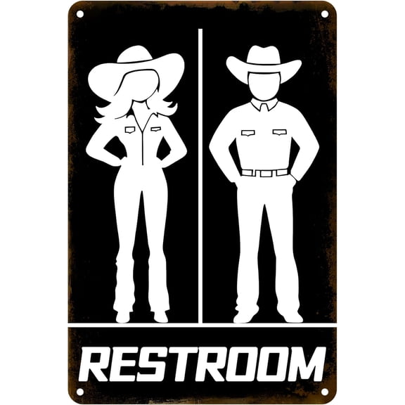 Western Cowboy Cowgirl Bathroom Door Sign, YITOBA Funny Metal Toilet Door Plaque Rustic Wall Decor Farmhouse Tin Art Decoration Vintage Restroom Signs (Black)
