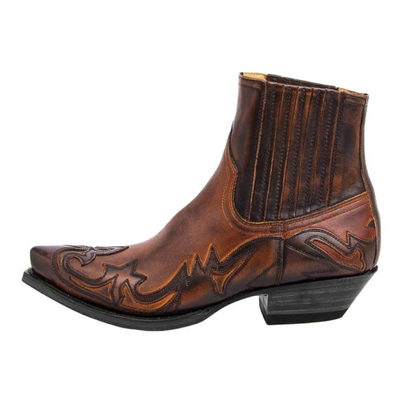 Western Cowboy Cowgirl Boots for Women Men Vintage Leather Pointed Toe Stacked Mid Heel Slip on Oxfords Mid Calf Short Booties