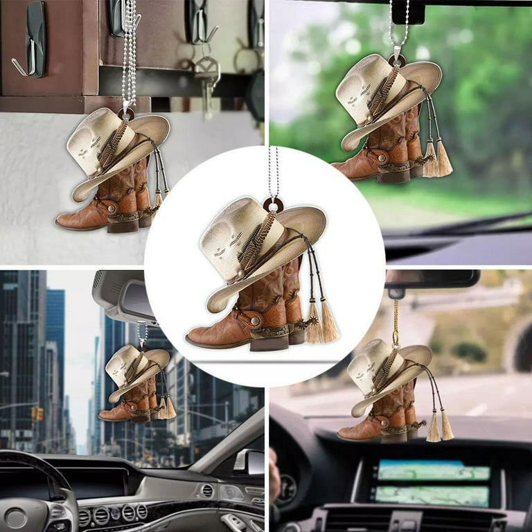 Western Cowboy Cowgirl Personalized Name Car Rear View Mirror Accessories  Car Ornament Hanging Charm Interior Rearview Pendant Decor (4 IN) 