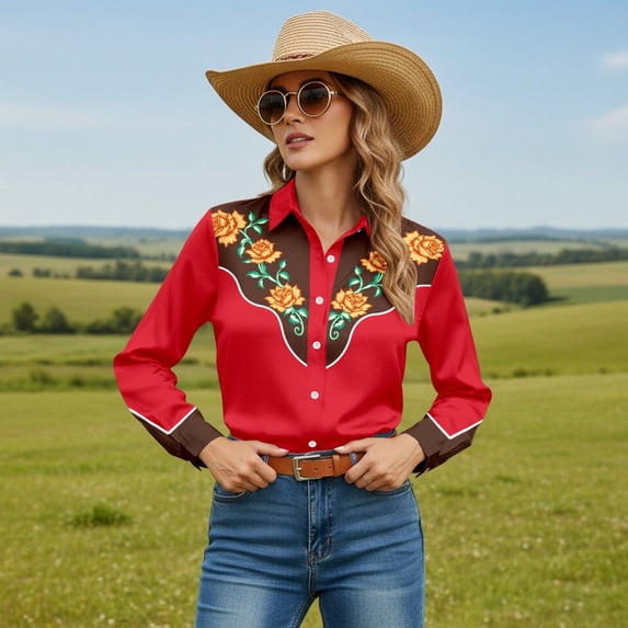 Western Cowboy Cowgirl Shirts for Women Long Sleeve Button Down Shirt Floral Embroidery Country Style Red Tops S