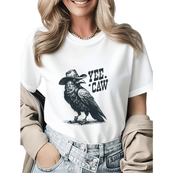 Western Cowboy Crow Yee Caw Graphic Tees Womans T-shirt Shirts Black White S-5XL Tops