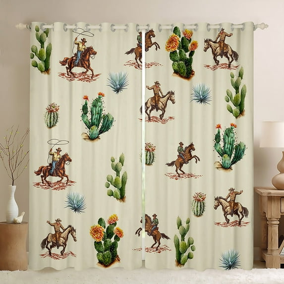 Western Cowboy Curtains Galloping Horses Print 30%-50% Blackout Curtains Wild Desert with Tropical Cactus Pattern Curtains & Drapes, Rustic Western Style Window Curtains 52Wx84L