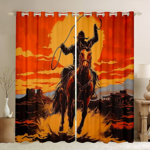 Western Cowboy Curtains,West Horse Curtains 30%-50% Blackout Men Living Room Decor,Orange Sunset Vintage Tribal Curtains Rustic Country Window Curtains 2 Panels 42"Wx90"L