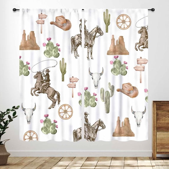 Western Cowboy Curtains,Wild West Rustic Farmhouse Cow Skull Desert Cactus Country Window Drapes Treatments for Bedroom Kitchen 2 Panels,42x63in