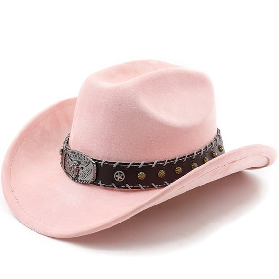 Western Cowboy Curved Brim Hat Woolen Wide Brim British Jazz Fedora Hat Style Cap for Men Pink One Size