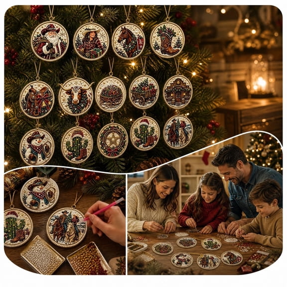 Western Cowboy DIY Diamond Painting Christmas Ornaments Kit 12 Pack, Wooden Hanging Decor with Sparkling Rhinestones, Holiday Craft Set for Kids Adults, Xmas Tree Gift