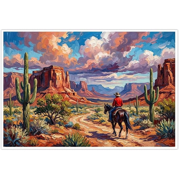 Western Cowboy Desert Landscape Canvas Wall Art, Vibrant Oil Painting Style, Red Rocks & Saguaro Cactus, Scenic Sunset Wall Decor for Living Room Bedroom Home