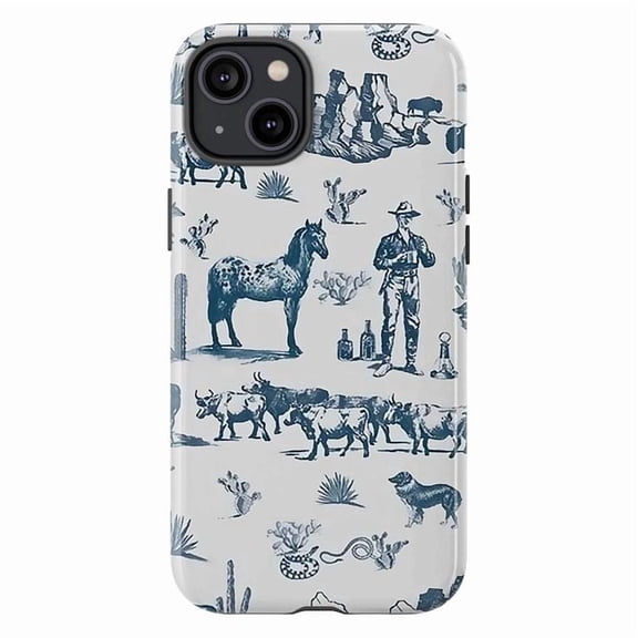 Western Cowboy & Desert Wildlife Phone Case, Vintage Blue Rodeo and Cactus Pattern Protective Cover for iPhone 16 15 14 13 12 11 Pro Max Plus Mini