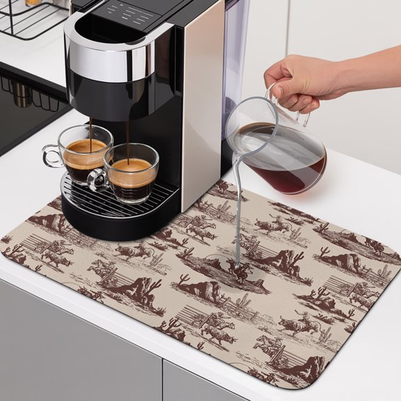 Western Cowboy Dish Drying Mats for Kitchen Counter, Watercolor Bullfighters Tropical Cactus Brown Retro Absorbent Coffee Bar Mat with Non-slip Rubber Backed Quick Drying Dish Rack Pad 12"x16"
