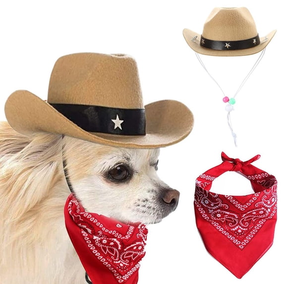 Western Cowboy Dog Costume Hat Scarf Set Breathable Adjustable Buckle Comfortable to Wear Stylish Funny Dog Costumes for Small Medium Large Dogs Pets