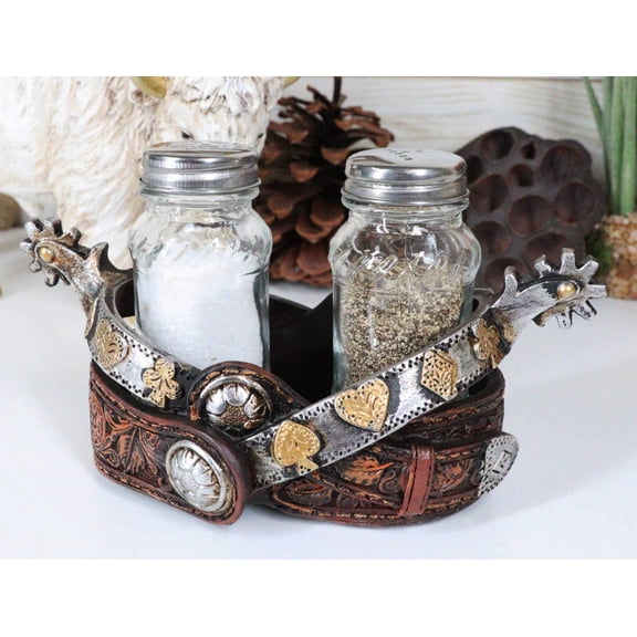 Western Cowboy Double Boot Spurs With Faux Leather Salt Pepper Shakers Holder