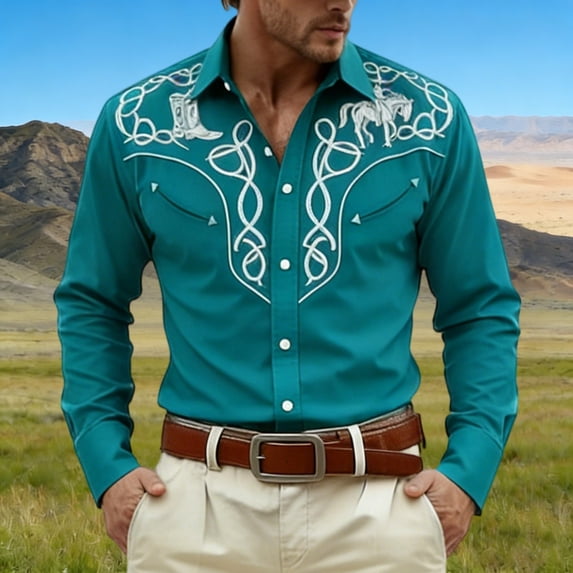 Western Cowboy Dress Shirts for Men Carnival Long Sleeve Button Down Lapel Top Casual Stylish Comfortable Mens Shirt Mint Green XL