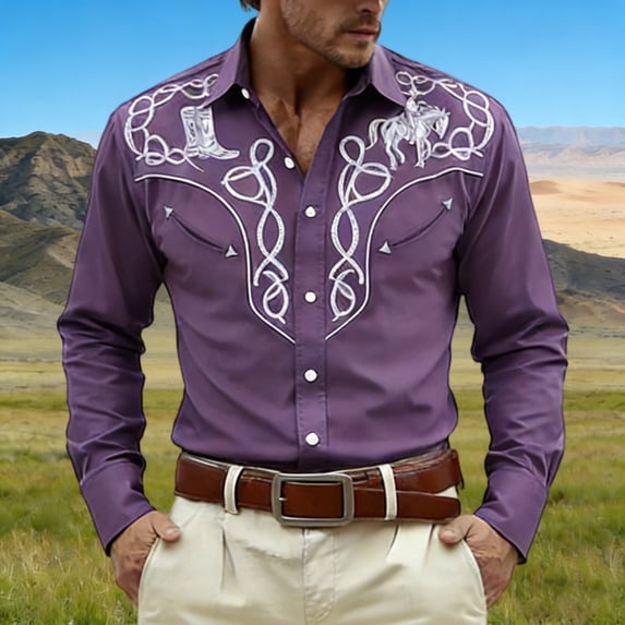 Western Cowboy Dress Shirts for Men Carnival Long Sleeve Button Down Lapel Top Casual Stylish Comfortable Mens Shirt Purple XL