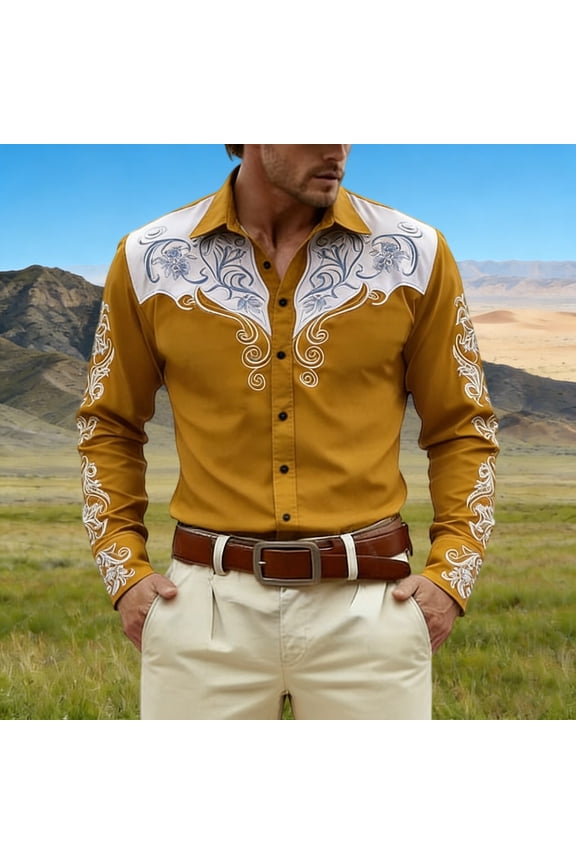 Western Cowboy Dress Shirts for Men Carnival Long Sleeve Button Down Lapel Top Casual Stylish Comfortable Mens Shirt Yellow M