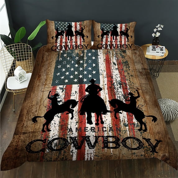 Western Cowboy Duvet Cover, Rodeo Cowboy Riding Bull Bedding Set for Kids Boys Teens,United States Retro Country Style Comforter Cover,3 Pieces,1 Quilt Cover and 2 Pillowcases