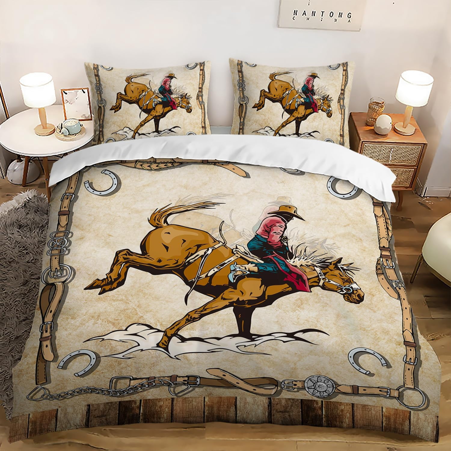 Western Cowboy Duvet Cover Set, Rodeo Cowboy Riding Bull Bedding Set ...