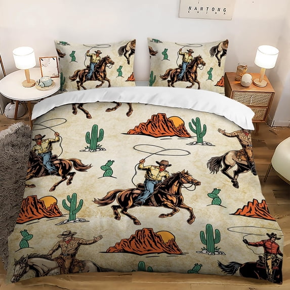 Western Cowboy Duvet Cover Set, Rodeo Cowboy Riding Bull with Cacti Western Style Bedding Set for Girls Boys Girls,Ranch Jomon Comforter Cover,1 Quilt Ccover and 2 Pillowcases,3PCS