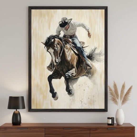 Western Cowboy Dynamic Motion Wall Art Rodeo Rider Horse Illustration Rustic Southwestern Equestrian Unframed Paper Print