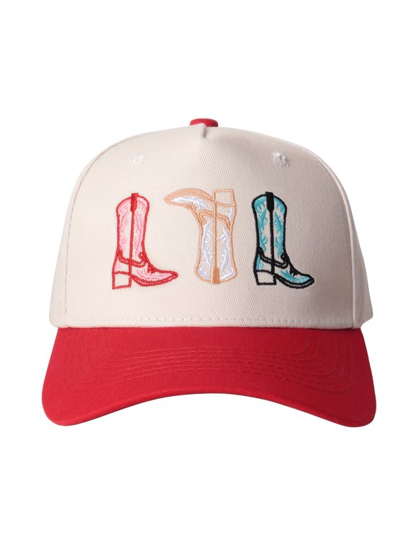 Western Cowboy Embroidered Baseball Cap Beige with Red Brim Colorful Boots Embroidery Unisex Gift for Country Style Lovers