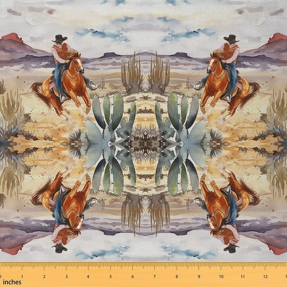 Western Cowboy Fabric by the Yard,Rustic Farmhouse Upholstery Fabric,Galloping Horse Decorative Fabric,American Wild West Desert Outdoor Fabric,Oil Painting Farm Cactus Waterproof Fabric,5 Yards