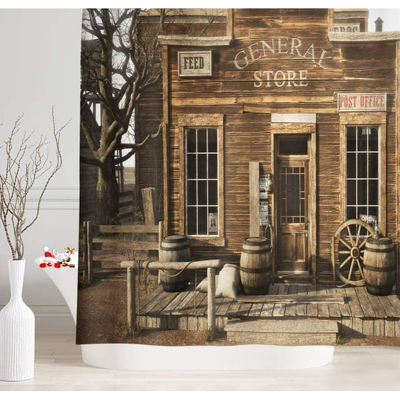 Western Cowboy Farmhouse Bathroom Shower Curtains, Rustic Wooden Store in Rural Town, Polyester Bath Curtain, Fabric Wood Shower Curtain Sets with Hooks, 69" W X 70" L