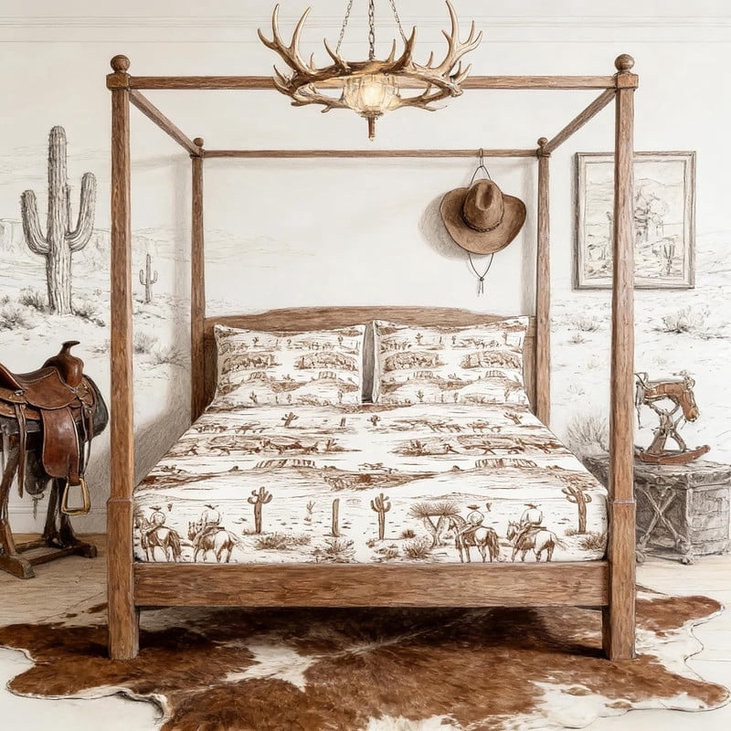 Western Cowboy Fitted Sheet Queen Size Brown Sketch Desert Wild Horse Bedding Set 3Pcs for Kids Boys Men Girls Bedroom Decor Rustic Farmhouse Bed Sheet Animals Deep Pocket Sheet,2 Pillowcase